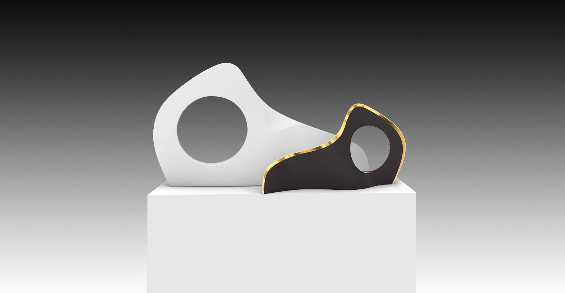 Manta — duo de sculptures, pièce blanche et pièce noire bordée de bronze